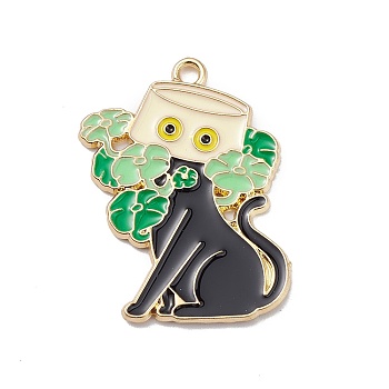 Alloy Enamel Pendants, Light Gold, Cat with Potted Plant Charm, Black, 30x21.5x1.3mm, Hole: 1.8mm