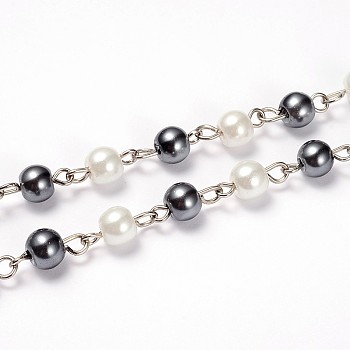 Glass Pearl Round Beads Chains for Necklaces Bracelets Making, with Platinum Iron Eye Pin, Unwelded, Gray, 39.3 inch, Bead: 6mm
