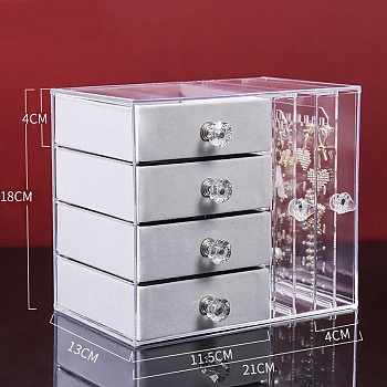 Rectangle 2 Vertical Drawers Transparent Plastic Jewelry Organizer Case, Hanging Jewelry Box with 4 Velvet Drawers, for Earring, Necklace, Ring, Bracelet Storage, Light Grey, 13x18x21cm