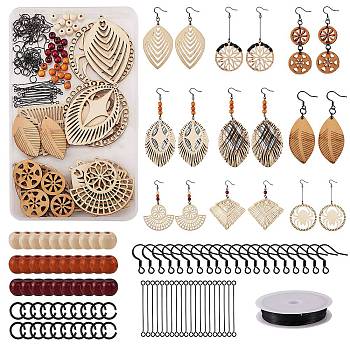 DIY Wood Pendant Drop Earring Making Kit, Including Wooden Big Pendants, Pecan Wood Beads, Copper Wire, Aluminum Jump Rings, Stainless Steel Earring Hooks & Eye Pin, Blanched Almond, Pendant: 18pcs/box