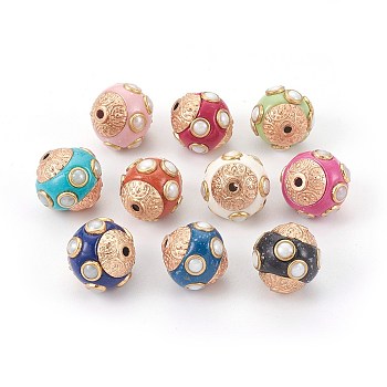 Handmade Indonesia Beads, with Metal Findings, Round, Mixed Color, 14~15x14.5~15mm, Hole: 1.6mm