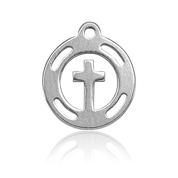 304 Stainless Steel Charms, Flat Round with Cross, Stainless Steel Color, 11.5x10x1mm, Hole: 1mm