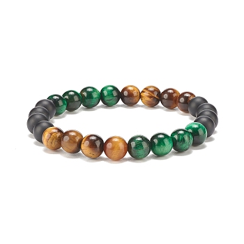 Natural Tiger Eye & Black Agate Round Beaded Stretch Bracelet, Gemstone Jewelry for Women, Green, Inner Diameter: 2-1/8 inch(5.5cm)