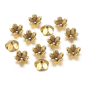 Tibetan Style Flower Alloy Bead Caps, 5-Petal, Lead Free & Cadmium Free, Antique Golden, 9x3mm, Hole: 1.5mm