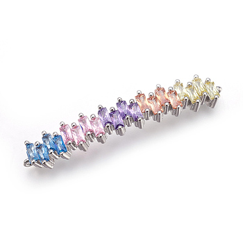 Brass Micro Pave Cubic Zirconia Links, Rectangle, Colorful, Platinum, 42.5x7x3.5mm, Hole: 0.8mm
