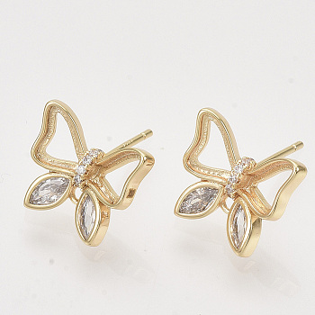 Brass Micro Pave Clear Cubic Zirconia Stud Earring Findings, with Loop, Nickel Free, Butterfly, Real 18K Gold Plated, 11.5x13.5mm, Hole: 1.2mm, Pin: 0.8mm