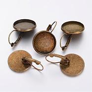 Brass Leverback Earring Settings, Round, Antique Bronze, 20mm wide, 32mm long, Tray: 18mm, Pin: 0.8mm(KK-H024-AB)