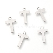 201 Stainless Steel Charms, Alphabet, Letter.T, 12x7.8x0.6mm, Hole: 1.4mm(STAS-C021-06P-T)