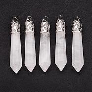 Natural Quartz Crystal Big Pointed Pendants, Rock Crystal, Bullet, with Platinum Tone Alloy Findings, 57~62x9~10mm, Hole: 4x5mm(G-K131-03I)