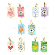 2Pcs 2 Style Handmade MIYUKI Japanese Seed Loom Pattern Seed Beads, Rectangle with Heart & Evil Eye Pendants, Mixed Color, 23.5~24x10x2mm, Hole: 2.5mm, 1Pc/color(PALLOY-MZ00131)