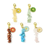Natural & Synthetic Mixed Stone Chip Bead Pendant Decorations, Sunflower Alloy Enamel and Lobster Claw Clasps Charm, 49mm(HJEW-JM01548)