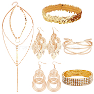 DIY Sparkling Alloy & Iron Jewelry Set, Ring & Leaf Dangle Earrings & Rhinestone Tennis Bracelet & Criss Cross Bangle & 3 Layer Necklace, Golden, 82~89mm, Pin: 0.6~0.7mm, 2-1/8~2-1/2 inch(5.3~6.2cm), 13.39 inch(34cm)(DIY-AN0001-01)