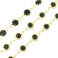 Handmade Brass Link Chains, with Glass Faceted Rhinestone & Spool, Soldered, Long-Lasting Plated, Flower, Black, 12x6.5x3mm(CHC-CJ0001-61)