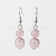 Rose Quartz Dangle Earrings, with Brass Bead Caps and Earring Hooks, Round, 41mm, Pin: 0.7mm(X-EJEW-JE02206-01)