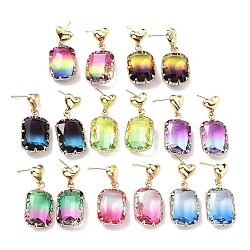 Heart & Rectangle Light Gold Brass Stud Earrings, Glass Drop Earrings, Mixed Color, 31.5x13.5mm(EJEW-Q800-46KCG)