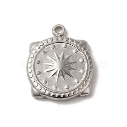 304 Stainless Steel Pendants, Flat Round with Sun Pattern Charm, Stainless Steel Color, 27x14x2.5mm, Hole: 1.6mm(STAS-L022-314P)