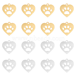 20Pcs 2 Colors 201 Stainless Steel Charms, Laser Cut Pendants, Heart with Dog Paw Prints, Golden & Stainless Steel Color, 15x15x1mm, Hole: 1.5mm, 10pcs/color(STAS-UN0051-29)