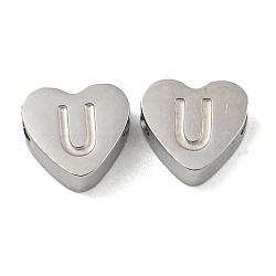 Tarnish Resistant 304 Stainless Steel Beads, Heart with Letter, Stainless Steel Color, Letter U, 7x8x3mm, Hole: 2mm(STAS-H219-16P-U)