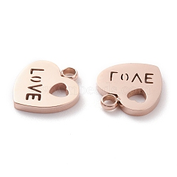 Ion Plating(IP) 304 Stainless Steel Charms, Laser Cut, Heart with Word Love, for Valentine's Day, Rose Gold, 12.5x11x1.5mm, Hole: 1.8mm(STAS-Y002-01RG)