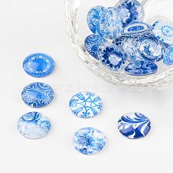 Blue and White Floral Printed Glass Flatback Cabochons, Half Round/Dome, Steel Blue, 12x4mm(X-GGLA-A002-12mm-XX)
