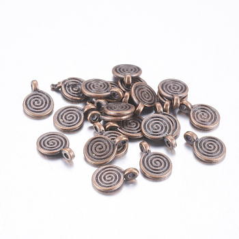 Tibetan Style Alloy Charms, Flat Round with Swirl, Red Copper, Cadmium Free & Nickel Free & Lead Free, 11.8x8x1.5mm, Hole: 1mm