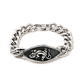304 Stainless Steel Rhombus with Leopard Link Bracelet with Curb Chains for Men Women, Stainless Steel Color, 8-5/8 inch(22cm)