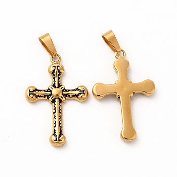 Ion Plating(IP) 304 Stainless Steel Pendants, 201 Stainless Steel Clasp, Cross Charms, Antique Golden, 26x17x3mm, Hole: 3x6mm