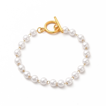 Plastic Imitation Pearl Beaded Bracelets, Ion Plating(IP) 304 Stainless Steel Jewelry for Women, Golden, 6-1/2 inch(16.6cm)