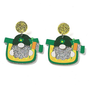 Saint Patrick's Day Sparkling Acrylic Dangle Stud Earrings, Gnome, Green, 56.5x47mm