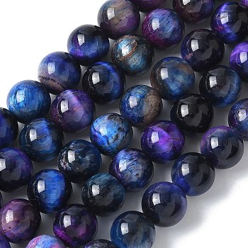 Natural Tiger Eye Beads Strands, Dyed & Heated, Round, Midnight Blue, 10mm, Hole: 1mm, about 38pcs/strand, 14.88~14.96inch(37.8~38cm)