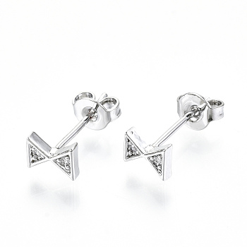 Brass Micro Pave Clear Cubic Zirconia Stud Earrings, with Ear Nuts, Nickel Free, Bowknot, Platinum, 5x6mm, Pin: 0.8mm