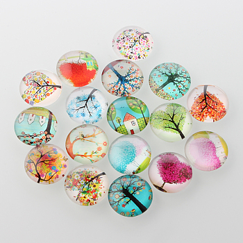 Tree of Life Printed Half Round/Dome Glass Cabochons, Mixed Color, 25x7mm