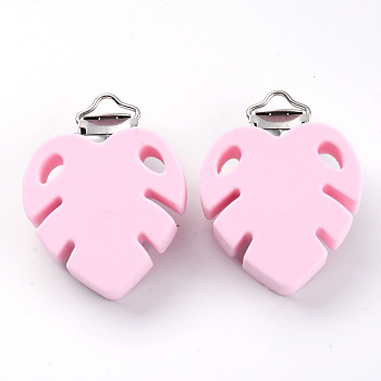 Food Grade Eco-Friendly Silicone Baby Pacifier Clips, with 304 Stainless Steel Clips, Leaf, Stainless Steel Color, Pearl Pink, 54x38.5x21mm, Hole: 4x13mm