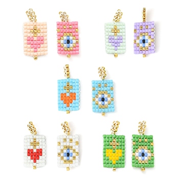 2Pcs 2 Style Handmade MIYUKI Japanese Seed Loom Pattern Seed Beads, Rectangle with Heart & Evil Eye Pendants, Mixed Color, 23.5~24x10x2mm, Hole: 2.5mm, 1Pc/color