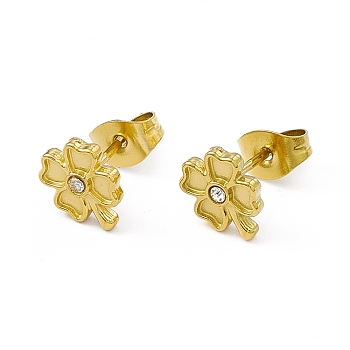 Rhinestone Clover Stud Earrings, Golden 304 Stainless Steel Jewelry for Women, Crystal, 8.5x7mm, Pin: 0.8mm