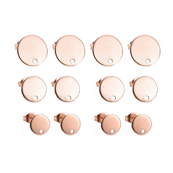 18Pcs 3 Size Vacuum Plating 304 Stainless Steel Stud Earring Findings, with Loop and Flat Plate, Ear Nuts/Earring Backs, Flat Round, Rose Gold, 8~12x1mm, Hole: 1.5~1.8mm, Pin: 0.8mm, 18pcs/box