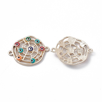 Alloy Connector Charms, with  Enamel, Flat Round Links with Colorful Evil Eye, Platinum, 28.5x21.5x3.5mm, Hole: 1.5mm