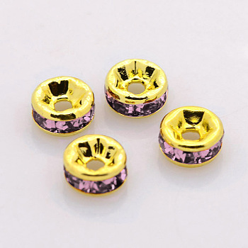 Brass Rhinestone Spacer Beads, Grade A, Straight Flange, Golden Metal Color, Rondelle, Light Amethyst, 8x3.8mm, Hole: 1.5mm