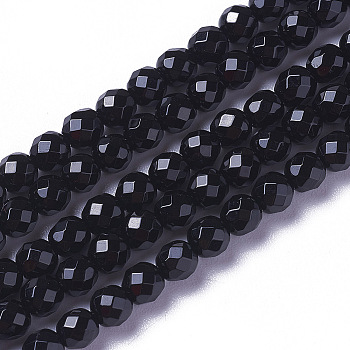 Natural Black Onyx Beads Strands, Faceted, Round, 3.5~4x4mm, Hole: 0.4mm, about 98~105pcs/strand, 15.9~16.6 inch(40.4~42.2cm)