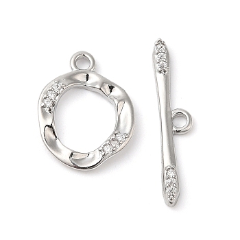 Brass Micro Pave Clear Cubic Zirconia Toggle Clasps, Irregular Ring, Real Platinum Plated, Ring: 17.5x13x2.5mm, Hole: 1.8mm, Bar: 24.5x5x2mm, Hole: 1.8mm