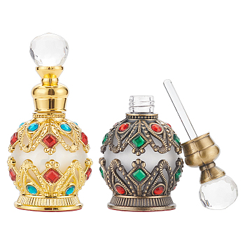 2Pcs 2 Colors Arabian Style Vintage Glass Openable Perfume Essential Oil Bottle, Refillable Bottles, with Alloy Findings, Mixed Color, Capacity: 15ml(0.5 fl. oz), 4.05x8.3cm, Inner Diameter: 0.75cm, 1pc/color