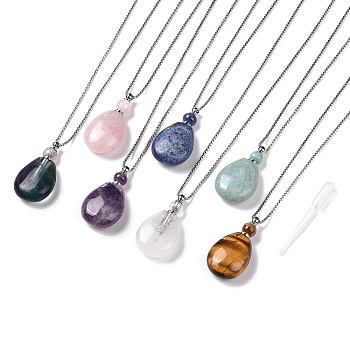 Natural Mixed Stone Perfume Bottle Pendant Necklaces, with Brass Findings and Plastic Dropper, Drop, 27.9~28.7 inch(71~73cm), Bottle Capacity: 0.15~0.3ml(0.005~0.01 fl. oz)