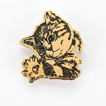 Cat Brooch, 201 Stainless Steel Animal Lapel Pin for Backpack Clothes, Nickel Free & Lead Free, Golden, 36x44x7mm, Pin: 0.7mm