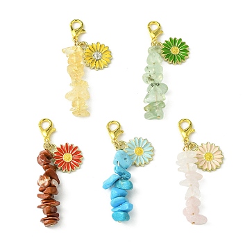 Natural & Synthetic Mixed Stone Chip Bead Pendant Decorations, Sunflower Alloy Enamel and Lobster Claw Clasps Charm, 49mm