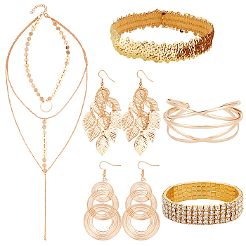 DIY Sparkling Alloy & Iron Jewelry Set, Ring & Leaf Dangle Earrings & Rhinestone Tennis Bracelet & Criss Cross Bangle & 3 Layer Necklace, Golden, 82~89mm, Pin: 0.6~0.7mm, 2-1/8~2-1/2 inch(5.3~6.2cm), 13.39 inch(34cm)