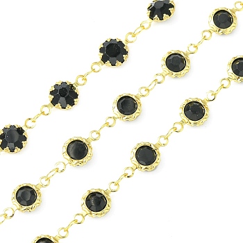 Handmade Brass Link Chains, with Glass Faceted Rhinestone & Spool, Soldered, Long-Lasting Plated, Flower, Black, 12x6.5x3mm