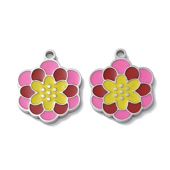 304 Stainless Steel Pendants, with Enamel, Flower Charm, Stainless Steel Color, 17x14x1.5mm, Hole: 1.6mm