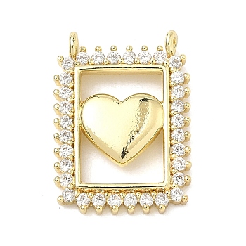 Valentine's Day Brass Micro Pave Cubic Zirconia Pendants, Golden, Rectangle Charms, Heart, 21x15x3mm, Hole: 1.2mm