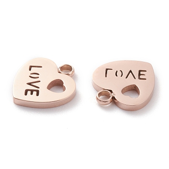 Ion Plating(IP) 304 Stainless Steel Charms, Laser Cut, Heart with Word Love, for Valentine's Day, Rose Gold, 12.5x11x1.5mm, Hole: 1.8mm