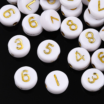 Plating Acrylic Beads, Golden Metal Enlaced, Flat Round with Number, White, Mixed, 7x4mm, Hole: 1.2mm, about 340pcs/50g.